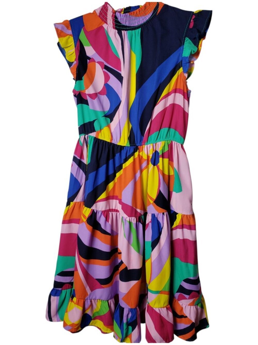 Ces Femme Colorful Abstract Print Tiered Ruffle Midi Dress Medium - Picture 2 of 13